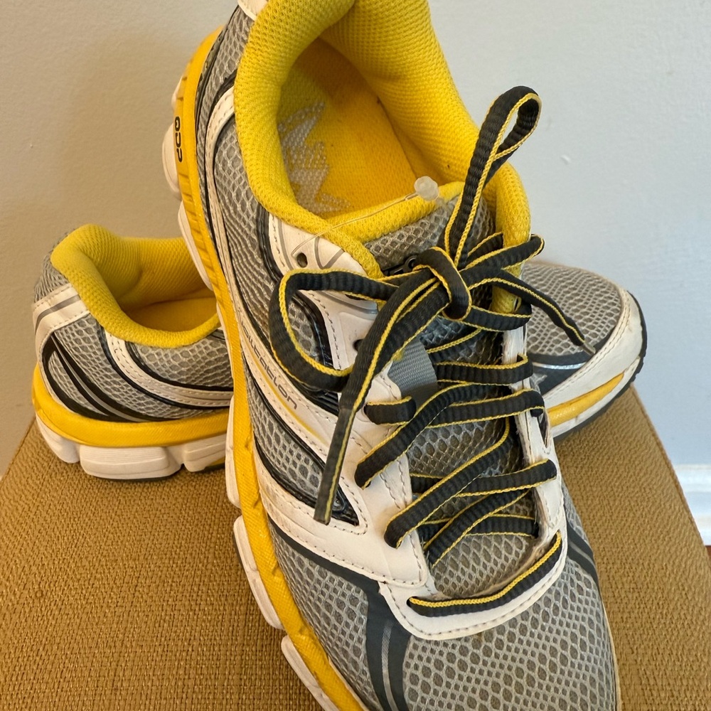 Gray and Yellow Athletic Shoes with Cushioned Midsole